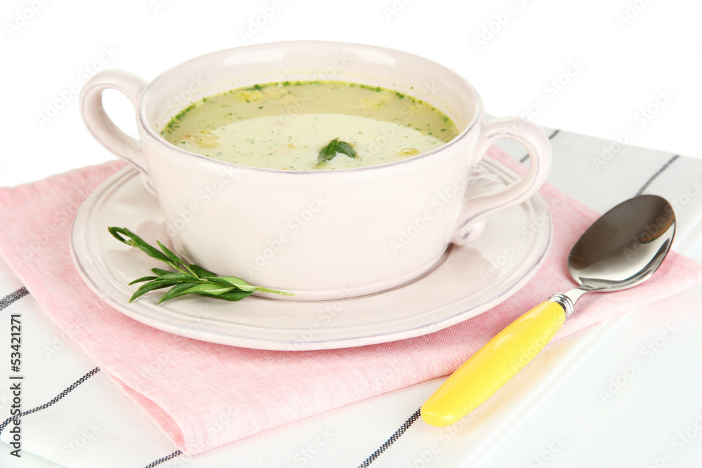 Nourishing soup with vegetables in pan isolated on white Nourishing soup with vegetables in pan isolated on white