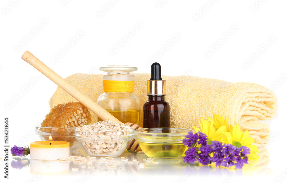 Fragrant honey spa with oils and honey isolated on white