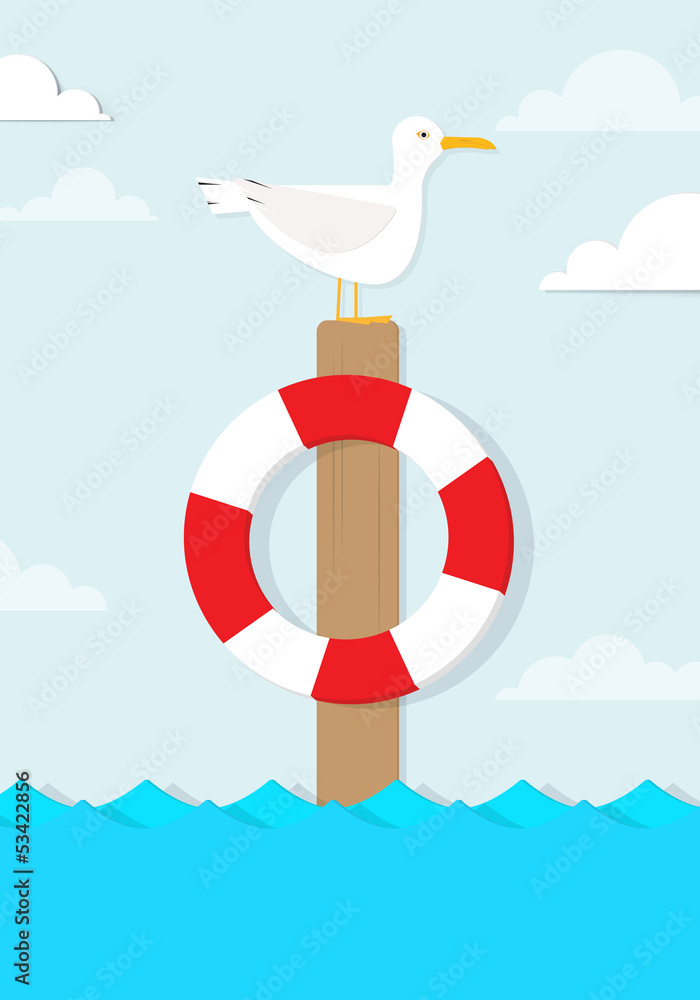 Naklejka premium cartoon seagull sits on a pole
