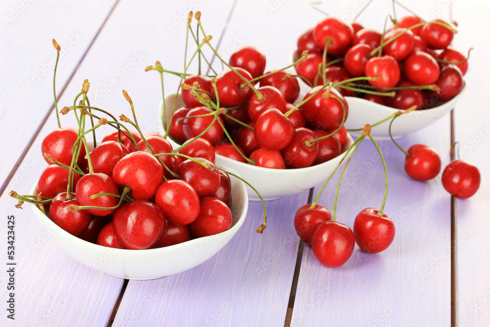 Cherry berries in bowl on wooden table close up Cherry berries in bowl on wooden table close up