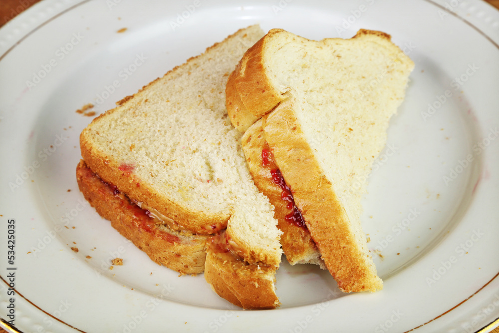 Peanut Butter and Jelly Sandwich on Plate Peanut Butter and Jelly Sandwich on Plate