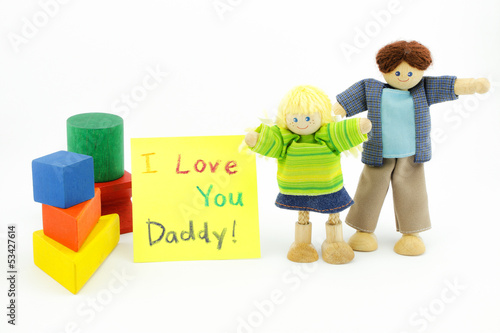 father and daughter wooden toys with card