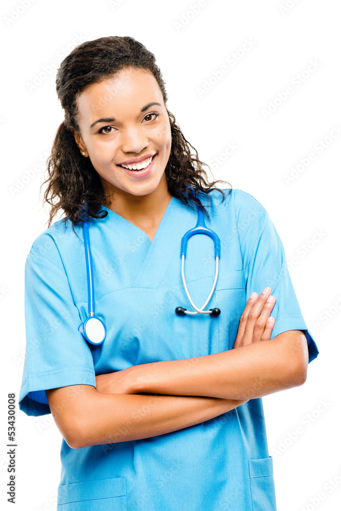Happy mixed race doctor smiling arms folded isolated on white ba Happy mixed race doctor smiling arms folded isolated on white ba