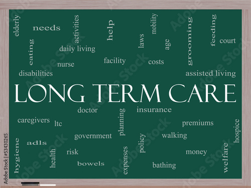 Long Term Care Word Cloud Concept on a Blackboard