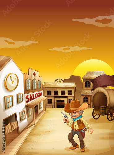 An old cowboy holding a gun outside the saloon
