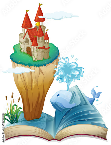 A book with a dolphin and an island with a castle
