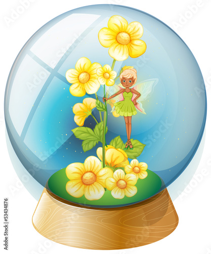 A crystal ball with pink flowers and a fairy