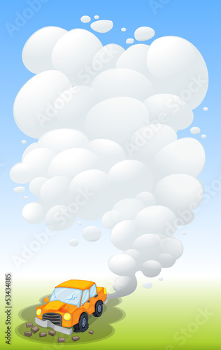 A damaged car releasing smoke