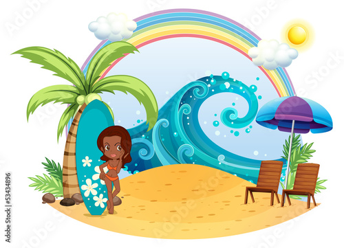 A tan girl at the beach with a surfing board
