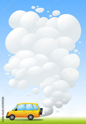 A yellow van emitting smoke