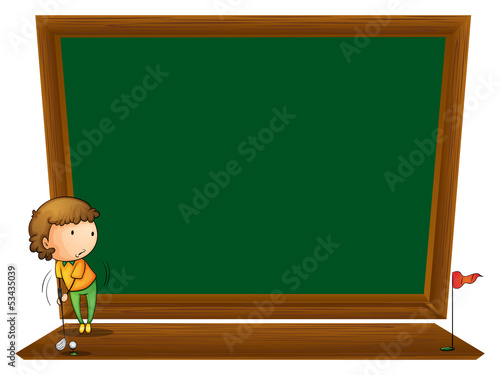 A blackboard with a boy playing golf