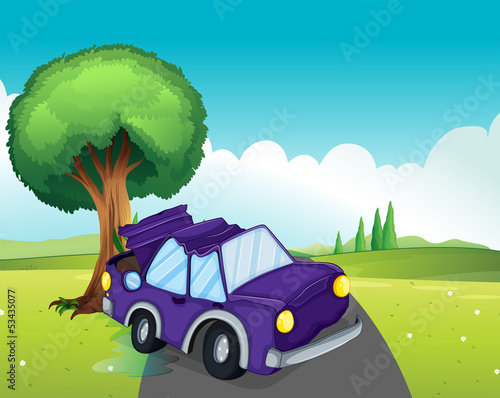 A violet car bumping the big tree at the road