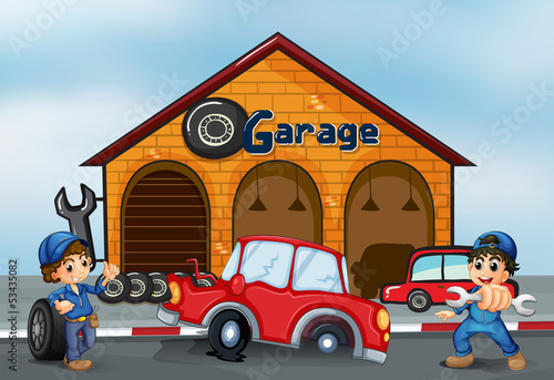 Two adorable boys in front of the garage