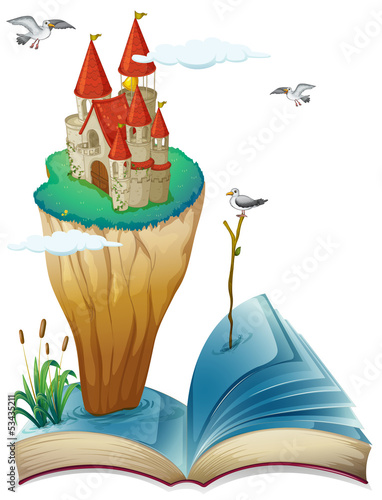 A book with an island with a castle