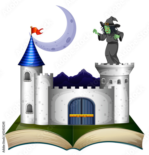 A book with a castle and a witch