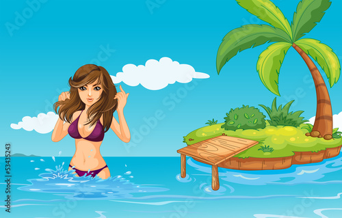 A girl at the sea with an island
