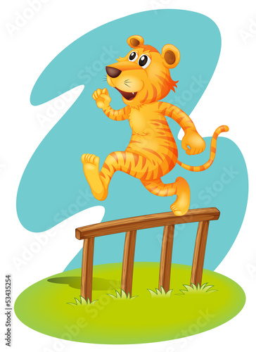 A brave tiger jumping over the wooden fence