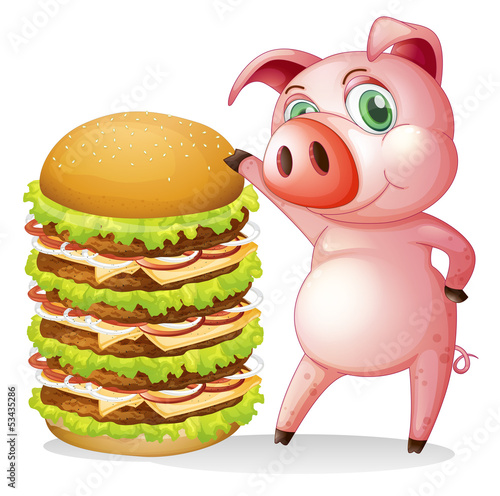 A fat pig beside the giant hamburger