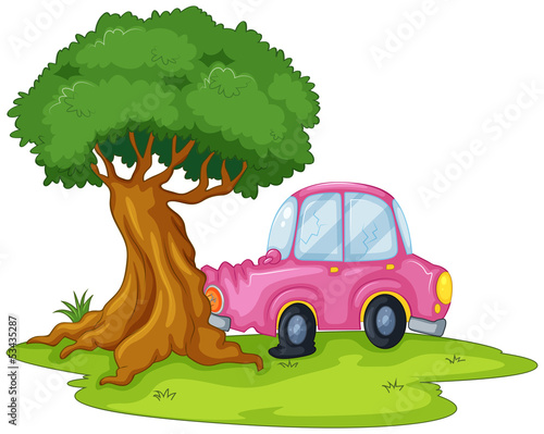 A pink car bumping the giant tree
