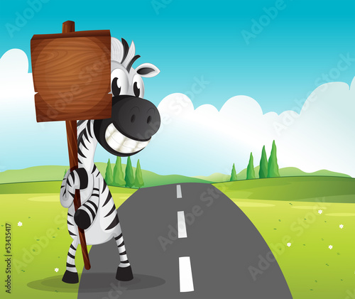 A narrow road with a zebra holding an empty signboard