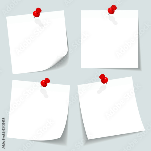 4 White Stick Notes Red Pins Grey