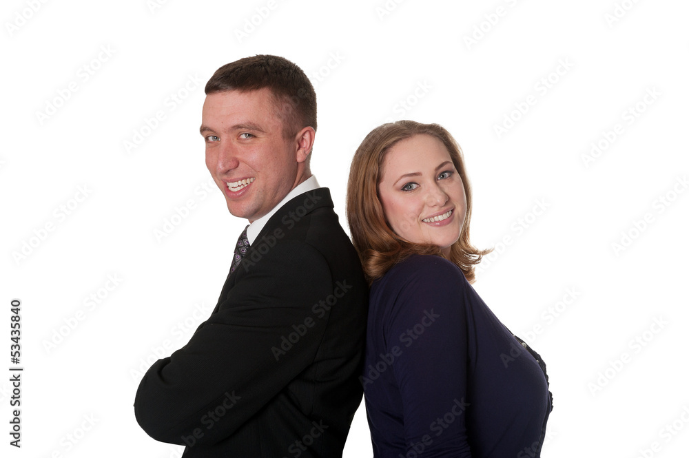 Happy couple, back to back - isolated on white Happy couple, back to back - isolated on white