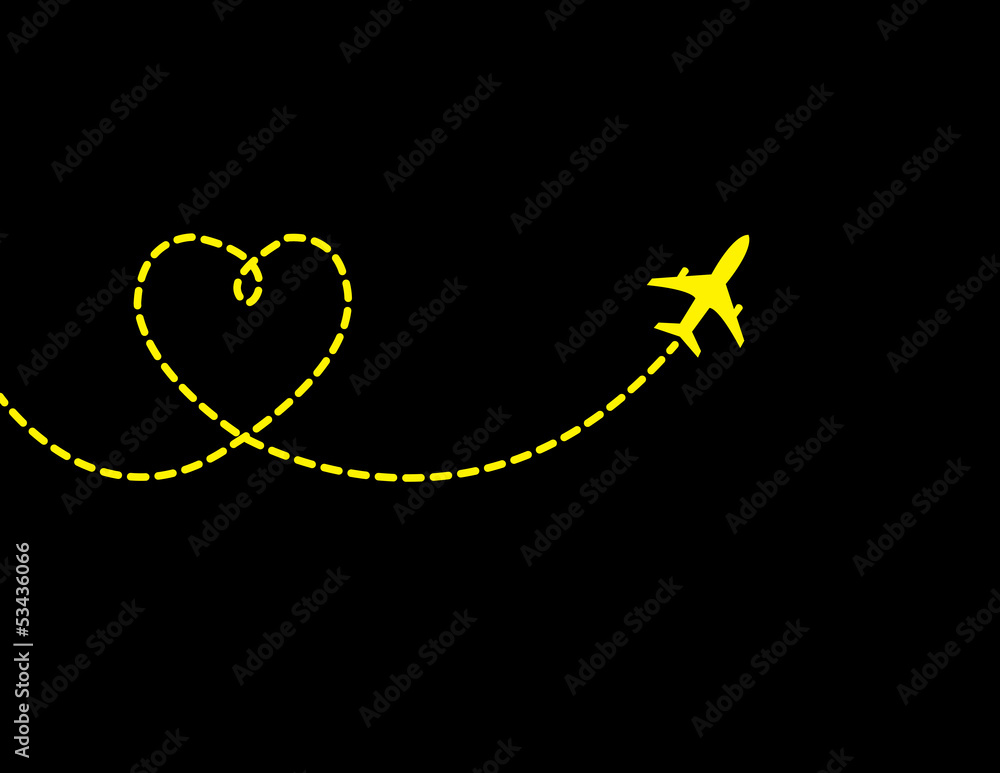 Airplane flying in dark blue sky with love shaped smoke trail Airplane flying in dark blue sky with love shaped smoke trail