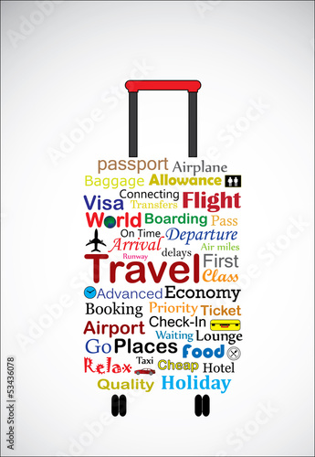 Travel Bag Concept Illustration with most used terminologies photo