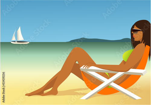 Summer background with young woman sunbathing on the beach