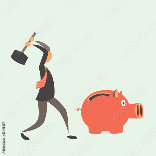 Business man breaking piggy