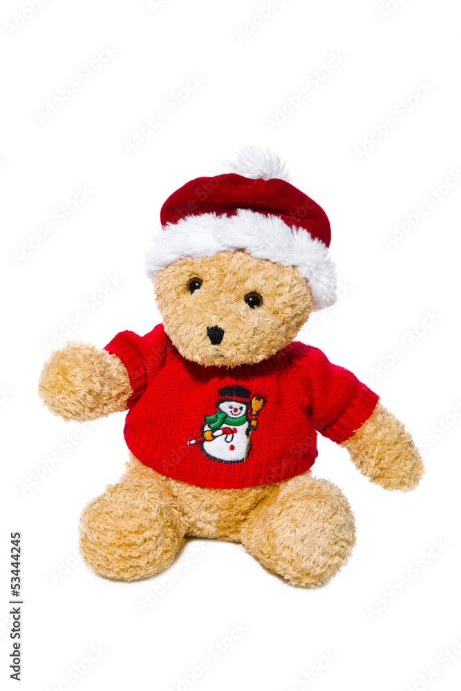 Teddy mit rotem Pulli isoliert als Weihnachtsmann Teddy mit rotem Pulli isoliert als Weihnachtsmann
