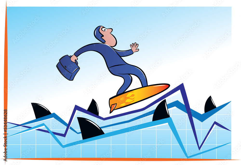 Businessman surfing with sharks on chart Businessman surfing with sharks on chart
