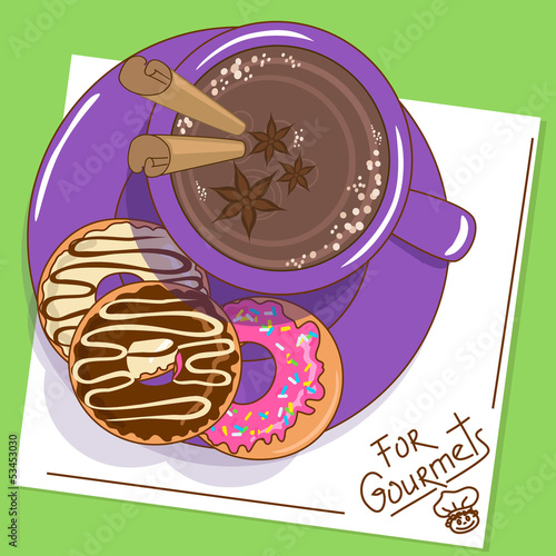 Illustration with cup of hot chocolate and donuts