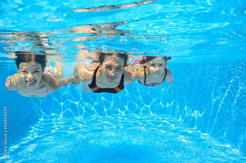 Happy family swim underwater in pool, having fun on vacation - obrazy, fototapety, plakaty 