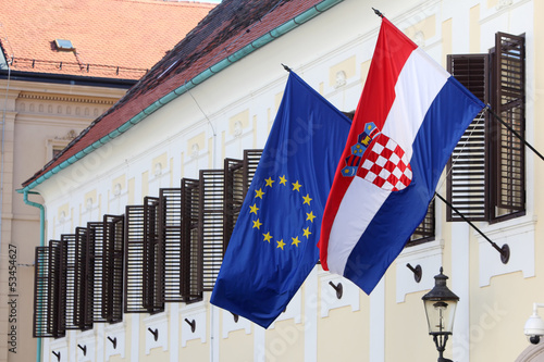 EU and Croatian flags together on Government building photo