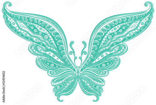 Turquoise butterfly with tracery pattern on the wings.