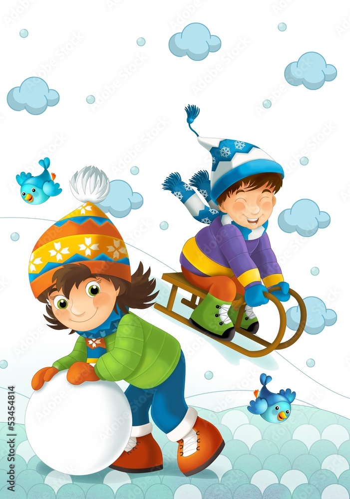 Naklejka premium Children at play on the snow