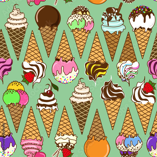 Seamless pattern of ice cream corns