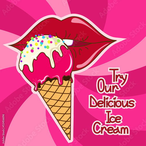 Background with woman lips and ice cream