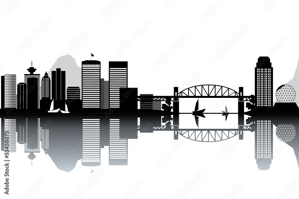 Vancouver skyline - black and white vector illustration Stock Vector ...