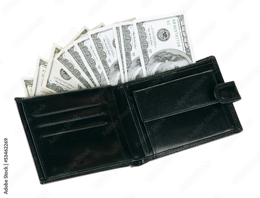Wallet with hundred dollar banknotes, isolated on white Wallet with hundred dollar banknotes, isolated on white