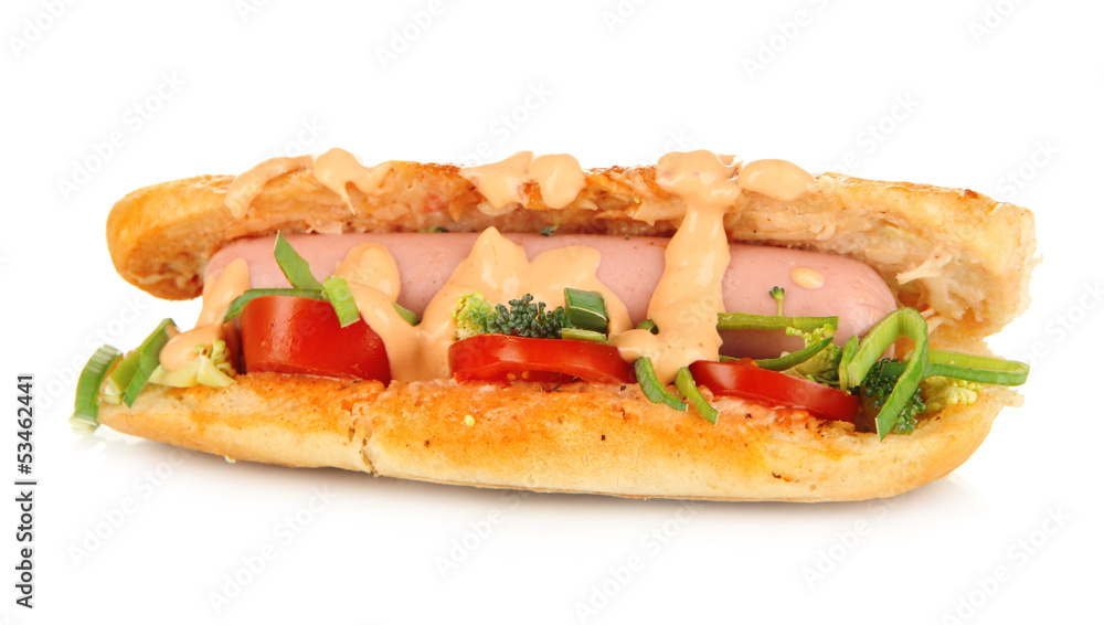 Delicious hot dog isolated on white Delicious hot dog isolated on white