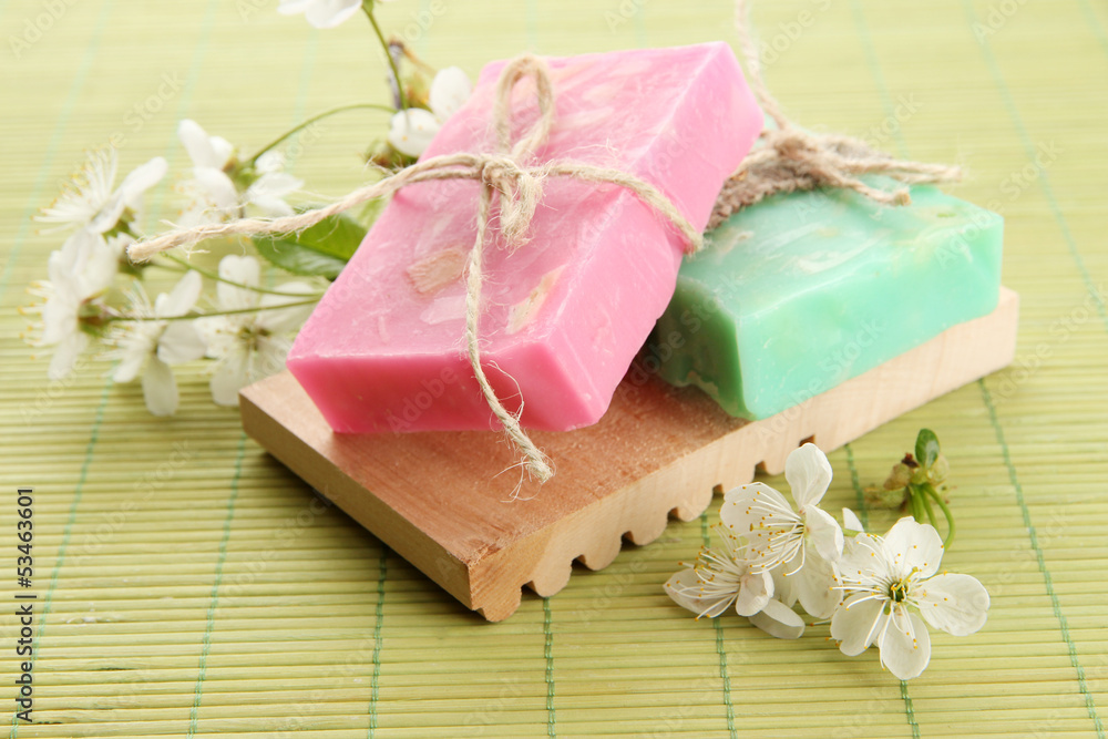 Natural handmade soap on bamboo mat Natural handmade soap on bamboo mat