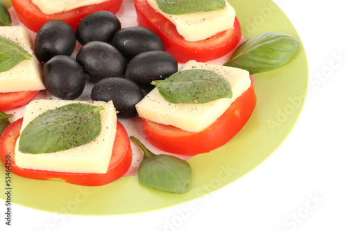 Cheese mozzarella with vegetables in the plate isolated on photo