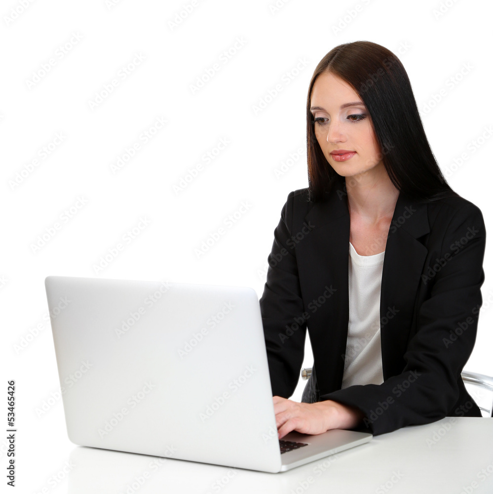 Young business woman working with computer, isolated on white Young business woman working with computer, isolated on white