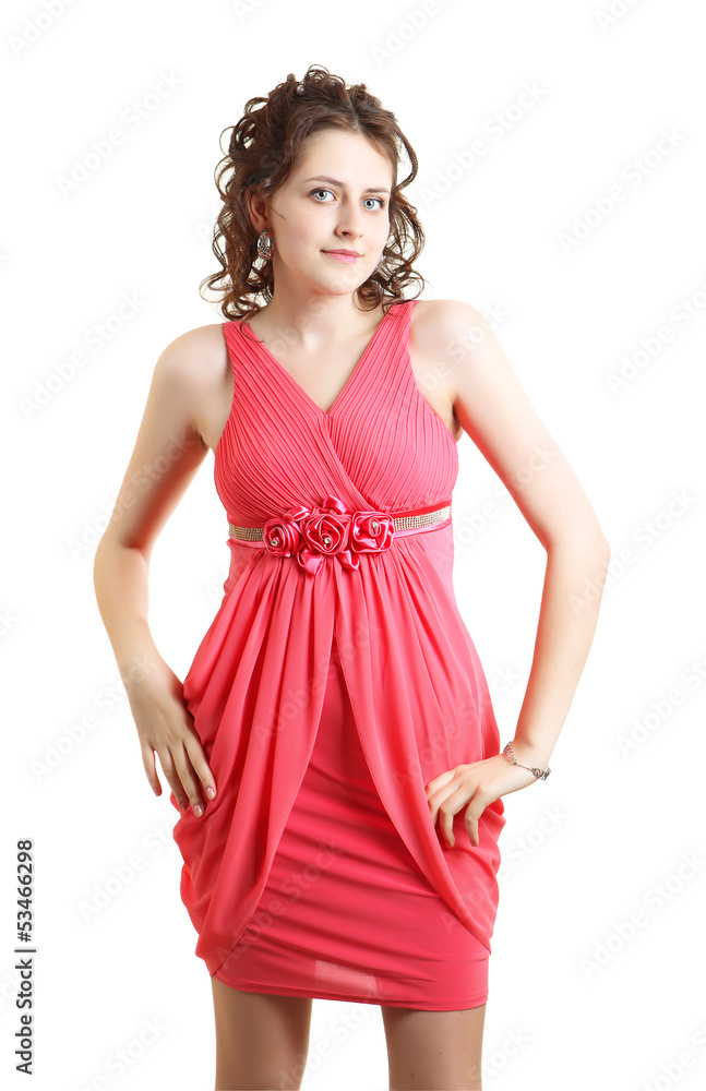 Schoolgirl high school girl wearing coral evening dress for prom Schoolgirl high school girl wearing coral evening dress for prom