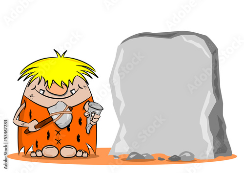 A cartoon caveman with hammer and chisel next to a blank rock