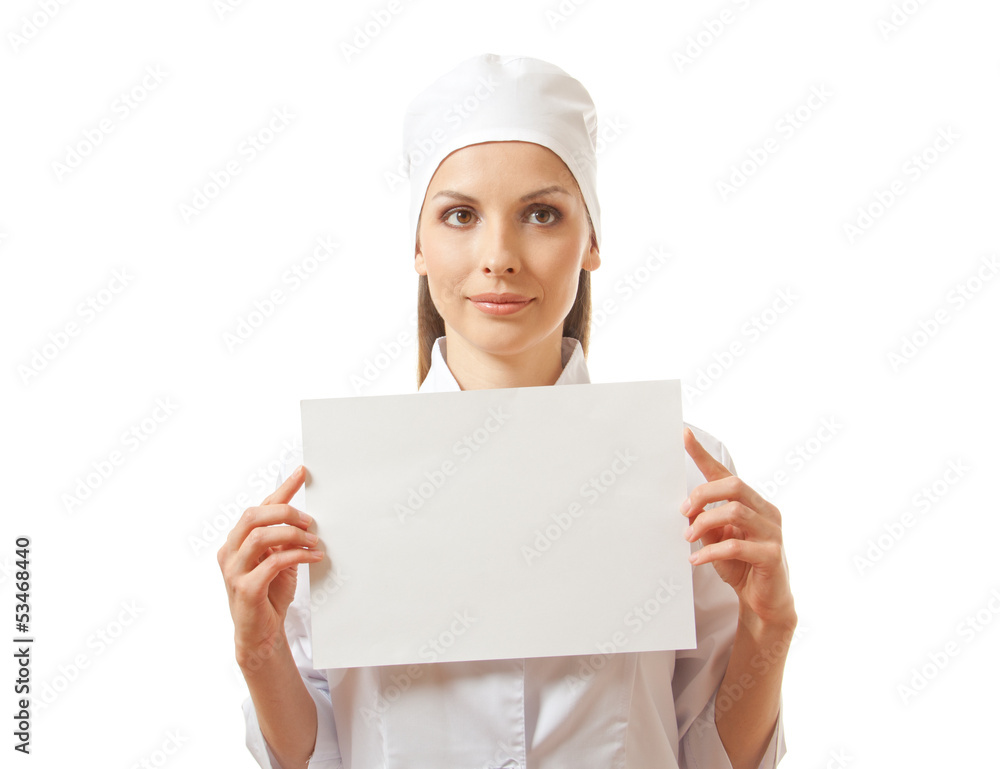 woman nurse or doctor showing blank sign board. woman nurse or doctor showing blank sign board.