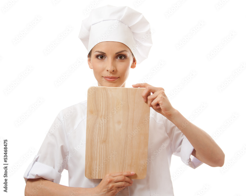 Chef In Uniform With Cutting Board Isolated On White Background Chef In Uniform With Cutting Board Isolated On White Background