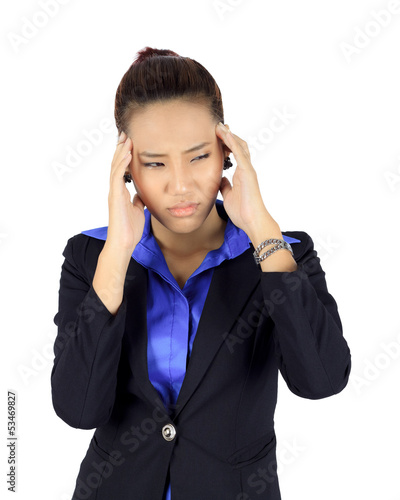 Isolated young asain business woman with headache on white